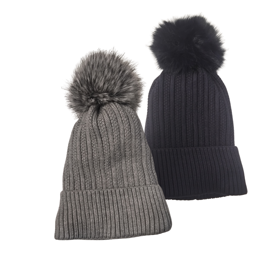 Straight Cable Knit PomPom Beanie Hat