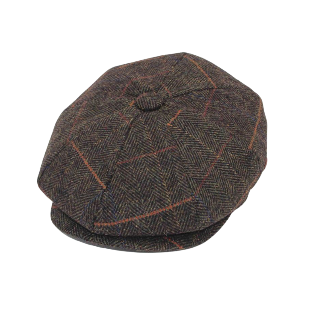 Herringbone Baker Boy Hat - Olive Check