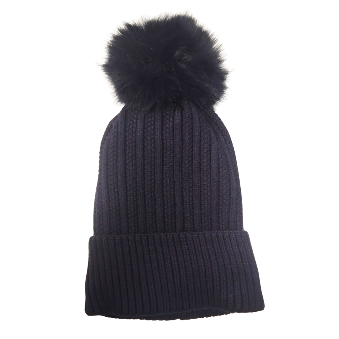 Straight Cable Knit PomPom Beanie Hat